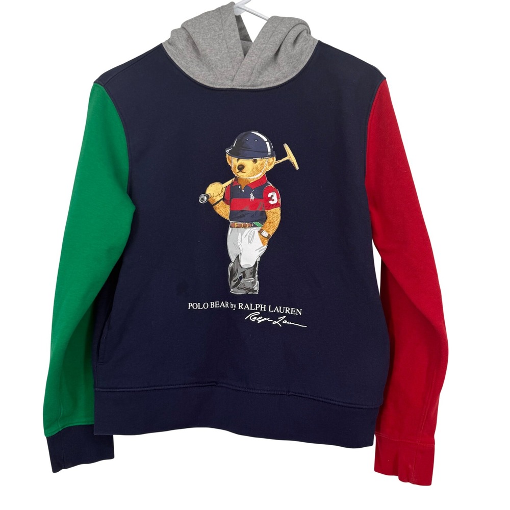 Polo Ralph Lauren Kids Polo Bear‎ Colorblock Hoodie Navy Blue Red Green L 14-16